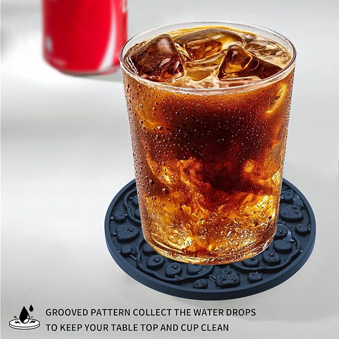 Blue Silicone Coffee Coasters Set of 6 with Holder - 4 Inch Non-Slip Cup Mats, Modern Bar Coasters for Desk, Table, Drink, Beer, Berverage - Dishwasher Safe