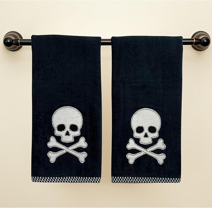 Halloween Hand Bathroom Towels Set of 2-16” x 25” Embroidered Skull and Crossbones Design - Soft Black Cotton Decorative Kitchen Bath Holiday Decor