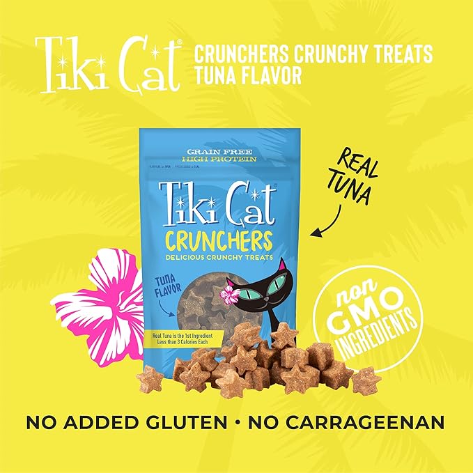 Tiki Cat Crunchers Dry Cat Treats, Tuna Flavor, Low-Calorie Grain-Free Crunchy Snack, For Adult Cats, 2 oz. Pouch (Pack of 6)