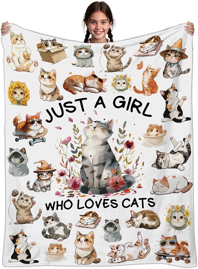 Cat Gifts for Women, Cat Blanket for Women, Cats Lover Blanket for Girls, Just A Girl Who Love Cats, Cat Themed Gifts Idea, Cartoon Cat Blanket for Girls 40" X 50"