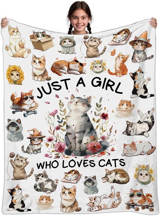Cat Gifts for Women, Cat Blanket for Women, Cats Lover Blanket for Girls, Just A Girl Who Love Cats, Cat Themed Gifts Idea, Cartoon Cat Blanket for Girls 40" X 50"