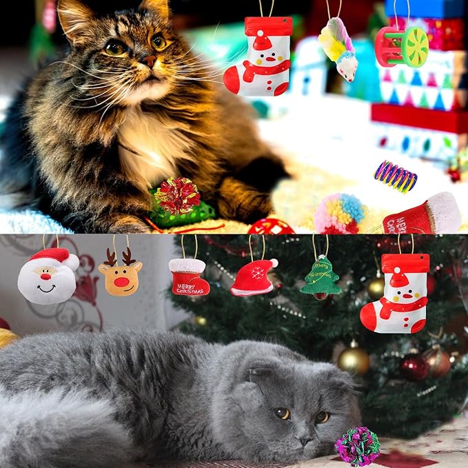 Christmas Cat Toys 19pcs, Christmas Stocking Assorted Toys Cat Gifts with Cat Ball Toy, Cat Spring Toy, Mouse, Crinkle Balls, Interactive Cat Toy for Indoor Cats