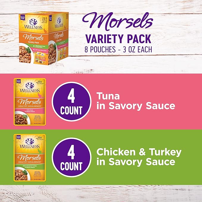 Wellness Healthy Indulgence Morsels Grain-Free Wet Cat Food, Made with Natural Ingredients and Quality Proteins, Complete and Balanced Meal, 3 oz Pouches (Morsels Variety Pack, 8 Pack)