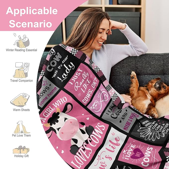 Christmas Cow Print Blanket, Pink Cow Blankets/Throw for Adults 50"x60", Cows Gifts for Women/Girls, Cow Gifts for Cow Lovers, Cow Themed Gifts, Cow Stuff, Cow Lover Gift, Cow Things