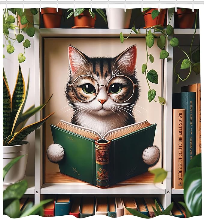 Ambesonne Cat Shower Curtain, Bookworm Kitty Reading Between Shelves Weeping Plants Botanical Cozy Concept, Cloth Fabric Bathroom Decor Set with Hooks, 69" W x 70" L, Green Paprika Beige