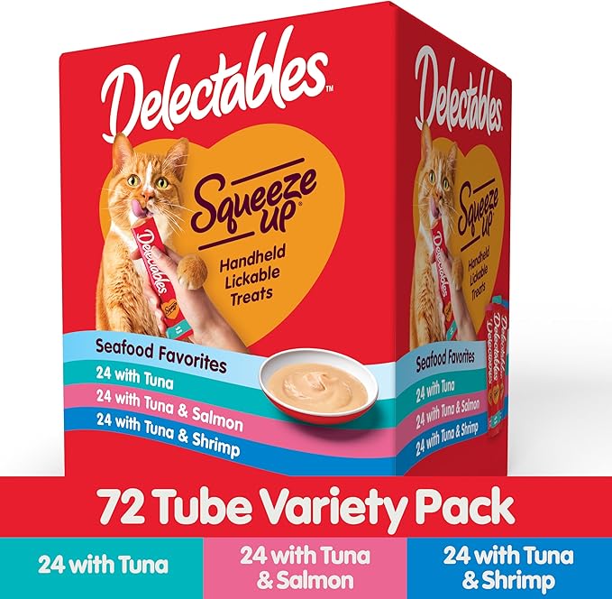 Delectables Squeeze Up Seafood Variety Pack, Creamy Squeezable Puree, Lickable Wet Cat Treats, Grain Free, No Added Fillers, No by-Products, No Added Preservatives, 0.5 Ounces Tube, 72 Tubes Total