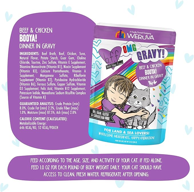 Weruva B.F.F. OMG - Best Feline Friend Oh My Gravy!, Booya! Beef & Chicken in Gravy Cat Food, 2.8oz Pouch (Pack of 12)