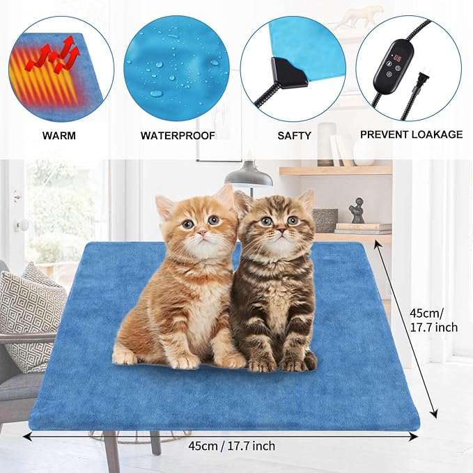 Pet Heating Pad for Cats,2 Velevt Covers Indoor Outdoor Waterproof Electric Heated Pad Mat for Dogs with Chew Resistant Cord,5 Timer and 6 Level Temperature Pet Bed Warmer-17.7x17.7