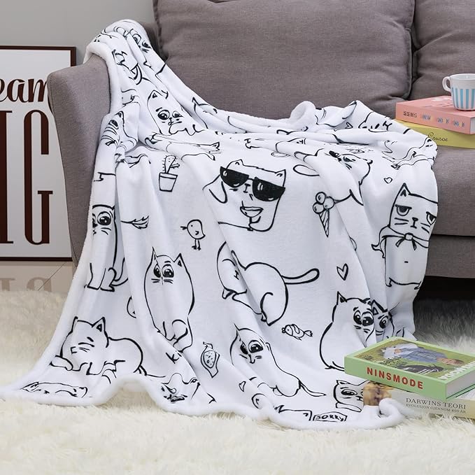 Sviuse Cat Blanket Cat Gifts for Cat Lovers Soft Flannel White Cats Pattern Throw for Girls Women Kids (50" X 60", Cat 7)
