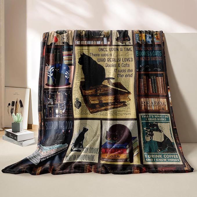Gifts for Readers, Book Lover Gifts for Women, Black Cat Blanket for Women Cat Lover, Book Reading Lovers Blanket Throws 80"x60"