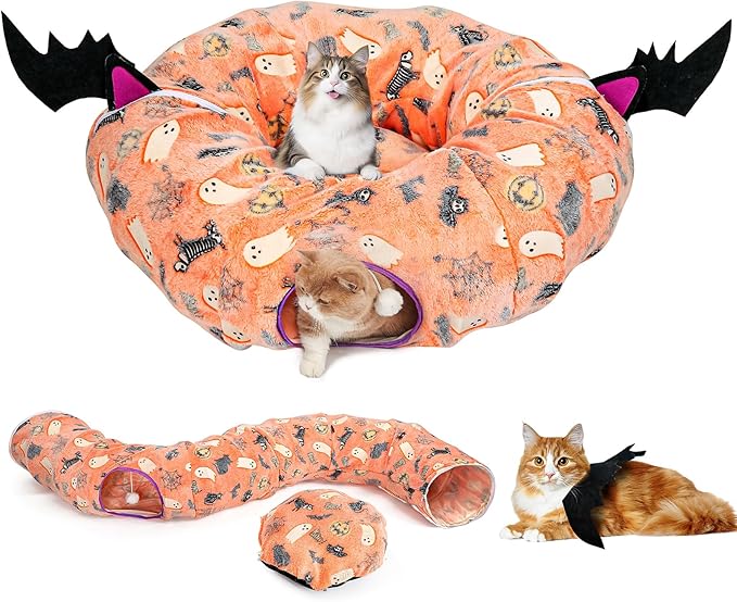 Halloween Cat Tunnel Bed, Cat Tunnels for Indoor Cats Large with Bat Wings, Foldable Cat Donut Tunnel with Soft Mat and Dangling Balls, Pumpkin Cat Play Tunnel Toy with Ghost, Spider Web Pattern