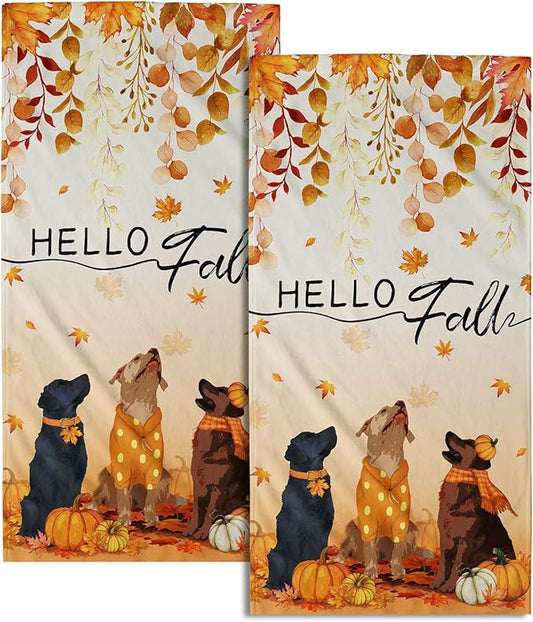 Giwawa Fall Dogs Hand Towels for Bathroom Set of 2 Autumn Leaves Soft Absorbent Small Bath Towels Holiday Decorative Kitchen Guest Dish Towel