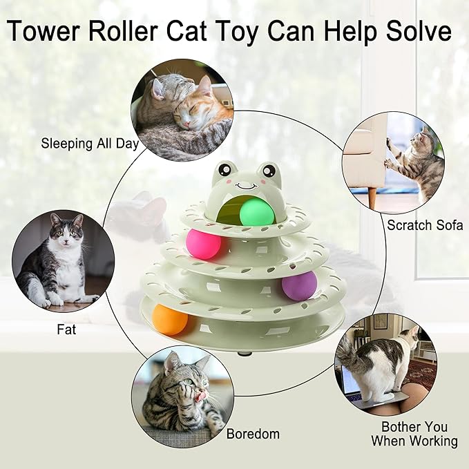Suhaco Interactive Cat Toys for Indoor Cats Fun Roller 4 Level Cat Tower with Cute Stickers Turntable Kittens Ball Teaser Toy (Green)
