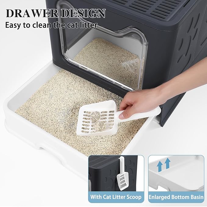 Bolux Foldable Cat Litter Box with Lid, Extra Large, Drawer Type Cat Litter Pan Easy to Scoop & Low Tracking (Dark Grey, 20" L x 16" W x 15" H)