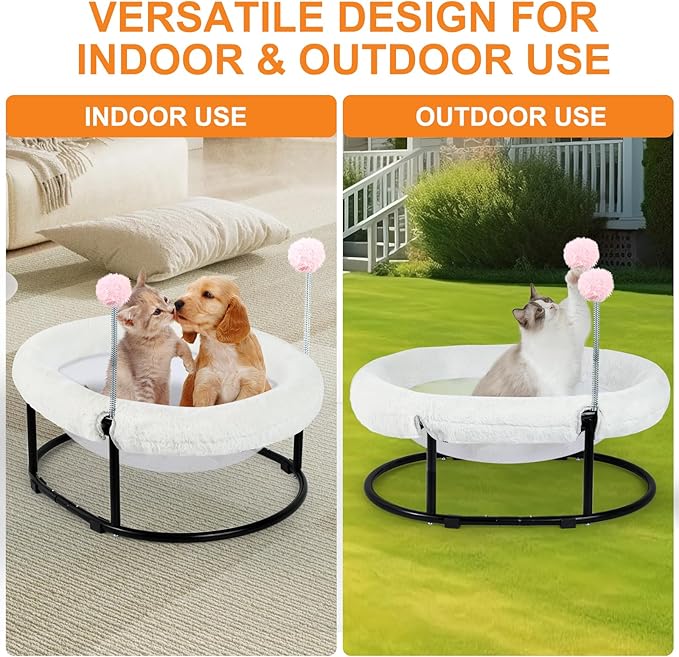 Cat Bed Elevated Cat Hammock for Indoor Outdoor Large Cats,Cat Dog Raised Pet Bed Stable & Breathable Easy Assembly,Small Outdoor Cat Bed for Sleeping Kittens Dog Oval Cat Hammock with Toy Ball,White