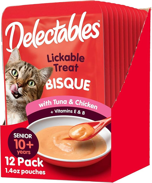 Hartz Delectables Bisque Lickable Wet Cat Treats with Tuna & chicken, Senior Cats 10+ years, 1.4 Ounce (Pack of 12) - Packaging May Vary