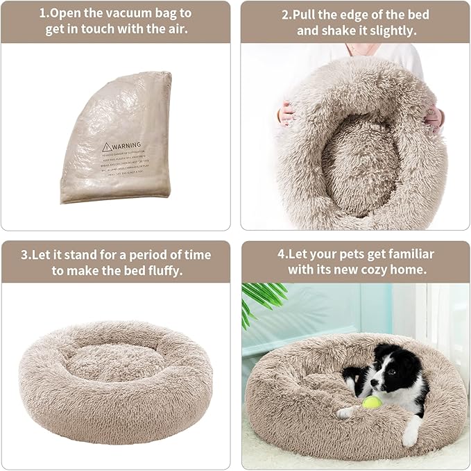Small Cat Bed for Indoor Cats, Self-Warming Donut Kitty Bed for Small Cats Keeping Warm, Washable Pet Bed with Anti Slip Base, Khaki 23‘’