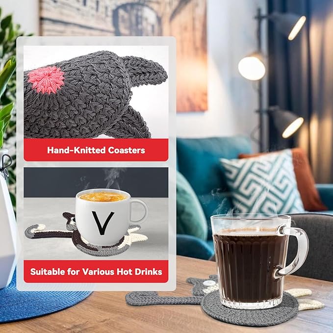 8 Pcs Coasters for Drinks, Boho Style Coaster, Cotton Woven Creative Cute Cat Coaster, Funny Coasters for Bar, Table Protection Suitable, Housewarming Gifts New Home