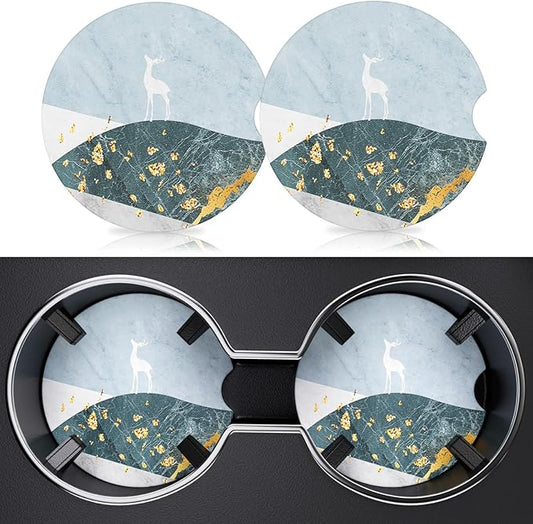 2 Pack Car Cup Holder Coasters, 2.63 inch Anti Slip Insert Absorbent Ceramic Coasters with Cork Base and Finger Notch, Cute Car Accessories for Women