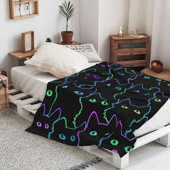 Cute Cat Silhouettes Neon Blanket, Soft Blankets Flannel Bed Throw Cozy Lightweight Plush Gifts for Kids Boys Girls Women Men Sofa Couch Bedroom Living Rooms Warm All Season, Home Decor, 60"x50"