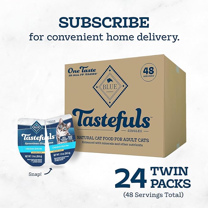 Blue Buffalo Tastefuls Spoonless Singles Natural Wet Cat Food Paté, Perfectly Portioned Cups, 2.6-oz. Twin-Pack Trays, Chicken Entreé (24 Count)