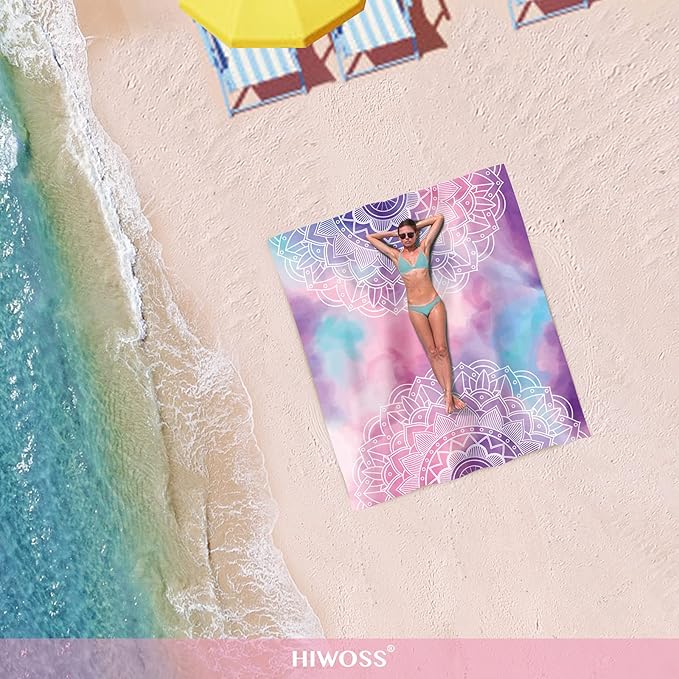 Beach Blanket Waterproof Sandproof Oversized 95”x 80”,Sand Free Beach Mat with Corner Pockets,Portable Mesh Bag for Beach Festival,Picnic,Travel and Outdoor Camping (PinkMandala)