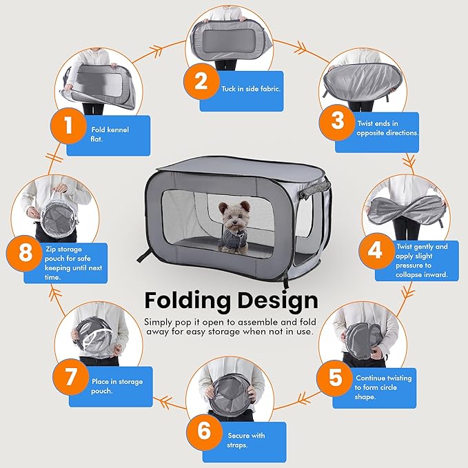 Beatrice Home Fashions Portable, Collapsible, Pop Up Kennel Travel Cat and Dog Crate, 36" L x 22" W x 22" H, Gray