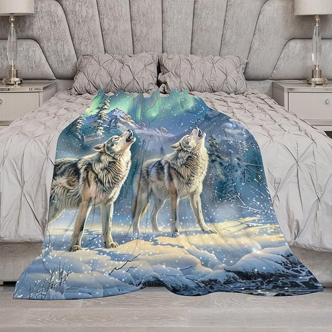 Wolf Aurora Borealis Blanket - Gifts for Girls, Boys, Women, Kids, Wolf Lovers - Soft Warm Fleece Flannel Plush Throw for Bed, Sofa, Couch - 40"x50"