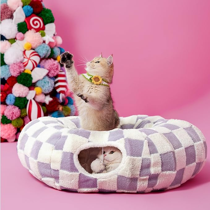 Lesure Cat Tunnel Bed for Indoor Cats - Cute Cat Donut Tunnel with Washable Circle Cushion, Round Pet Play Tunnel Toy for Kitten/Puppy/Rabbit,Purple