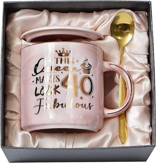 40th Birthday Gifts Women - 14oz Fabulous Pink Coffee Mug with Gold Pattern - Unique 40th Birthday Gift Ideas for Mom Sister Aunt Coworker Best Friend, Happy 40 Years Old birthday gifts, Gift Boxed.