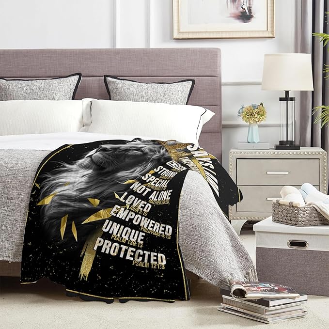 Christian Gifts for Men, God Says i Am Lion Blanket 80"x60", Inspirational Religious Birthday Gifts for Lion and cross Blanket, Christian Faith Jesus God Prayer Bible Verse Gift for Christmas