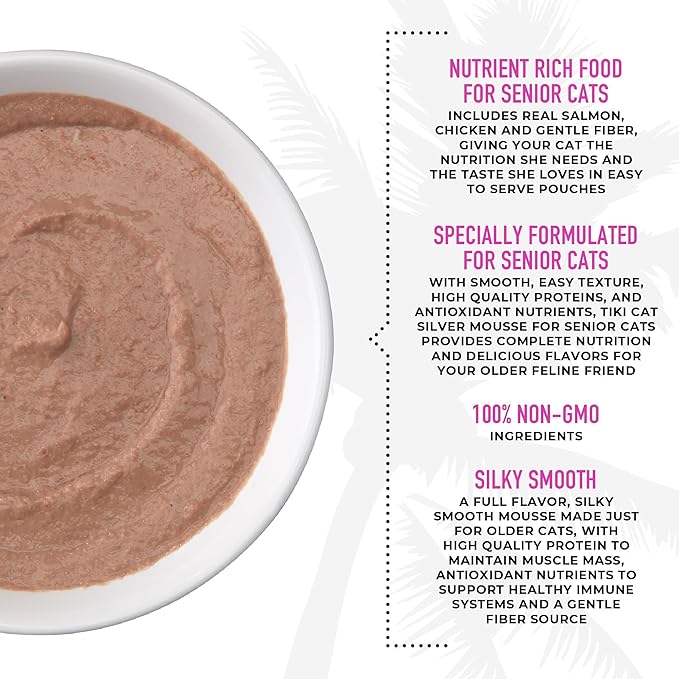 Tiki Cat Silver Mousse, with Salmon & Pumpkin in Broth, Silky Smooth Nutrient Rich Formulated for Older Cats Aged 11+, 2.9 oz. Pouch (Pack of 12)