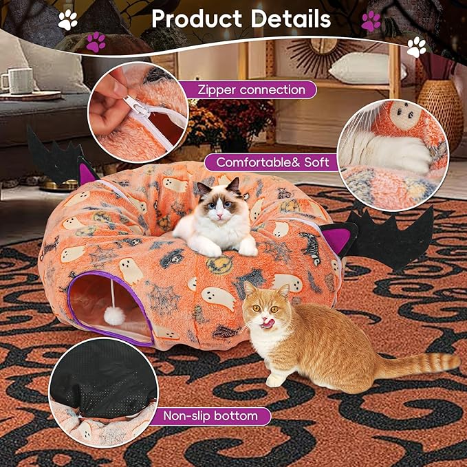 Halloween Cat Tunnel Bed, Cat Tunnels for Indoor Cats Large with Bat Wings, Foldable Cat Donut Tunnel with Soft Mat and Dangling Balls, Pumpkin Cat Play Tunnel Toy with Ghost, Spider Web Pattern