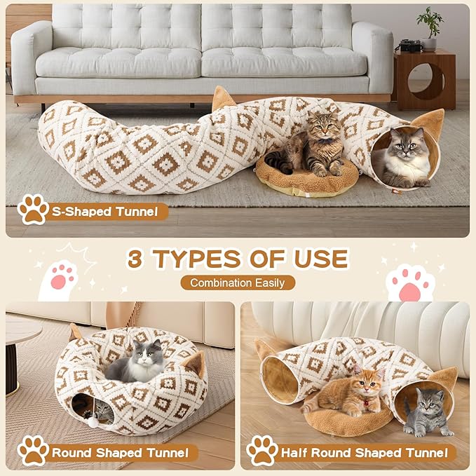 Cat Tunnel with Cat Bed for Indoor Cats, 3 in 1 Cat Donut Tunnel, Cute Cat Bed with Cushion Peephole and Cat Ear for Cats, Kittens, Rabbit, New Jacquard Pattern