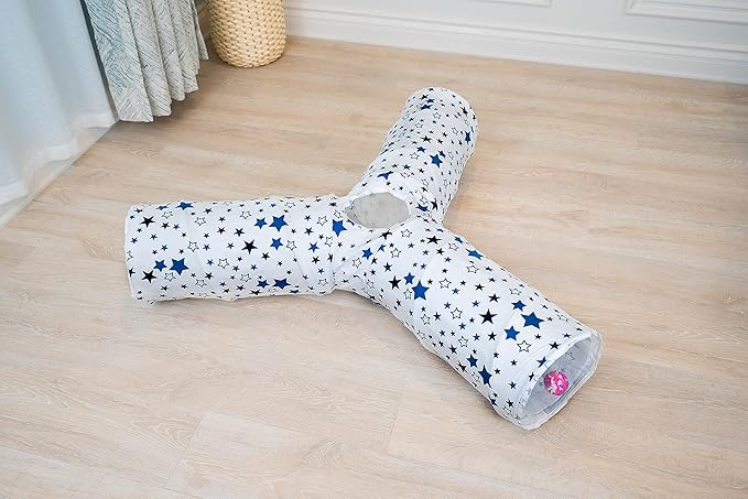 Cat Tunnel,Large Cat Tunnel for Indoor Cat, Kitten Toys Collapsible 3 Ways Play Toy, Pet Tube Hideaway Tunnel with Ball for Cats Rabbits Kittens (White Blue Star Large)