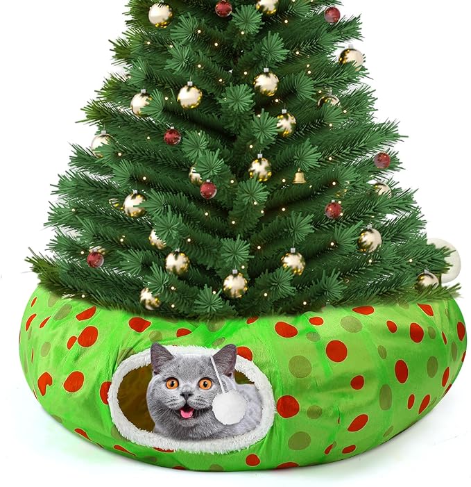 Christmas Cat Tunnel Bed 3ft x 3ft x 9.8in Under Christmas Tree Cat Tunnels for Indoor Cats Xmas Lime Green Cat Donut Tunnel Foldable Plush Peekaboo Cat Cave Toy for Small Cat Kitten Kitty