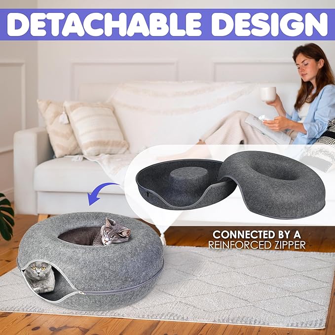 Cat Tunnel Bed - Felted Cat Bed with Fish Toy, Cat Beds for Indoor Cats, Scratch Detachable & Washable Tunnel Bed, Comfy Donut - Dark Gray