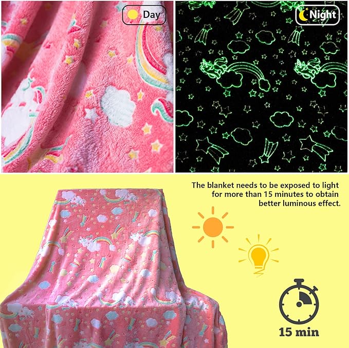 Best Gift Glow in The Dark Rainbow Throw Blanket with Storage Bag, Soft Throw Blanket for Girls Boys, Gifts for Birthday Christmas Valentines, Kids Blanket, Girls Blanket Home Travel Use, 60x50 Red