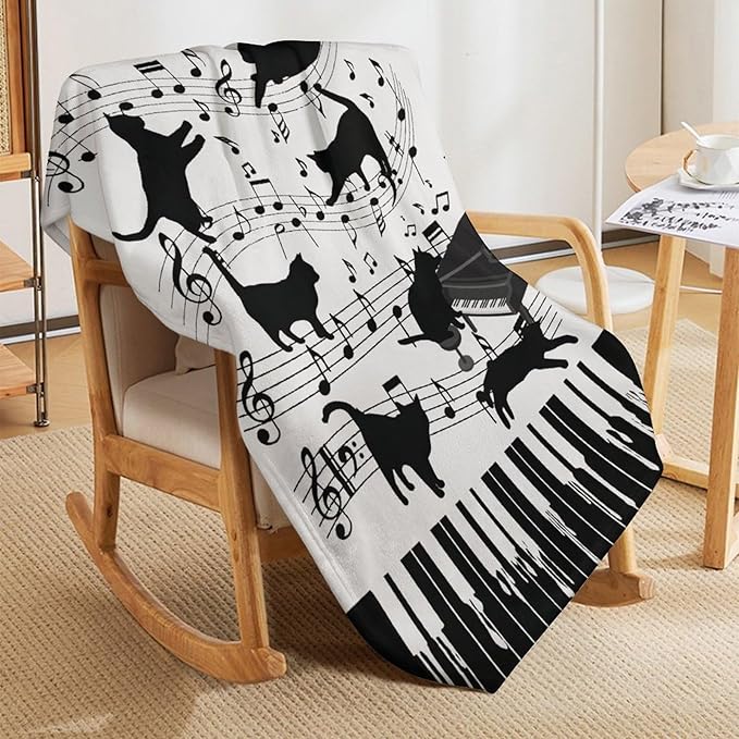 Piano Keys Cat Print Blanket Music Notes Musical Throw Blankets for Couch Sofa Bed Stuff Decor Gifts Soft Cozy Fleece Plush Warm Flannel Bedding for Lover Men Women Girls Boys Teen Adults 40"x50"