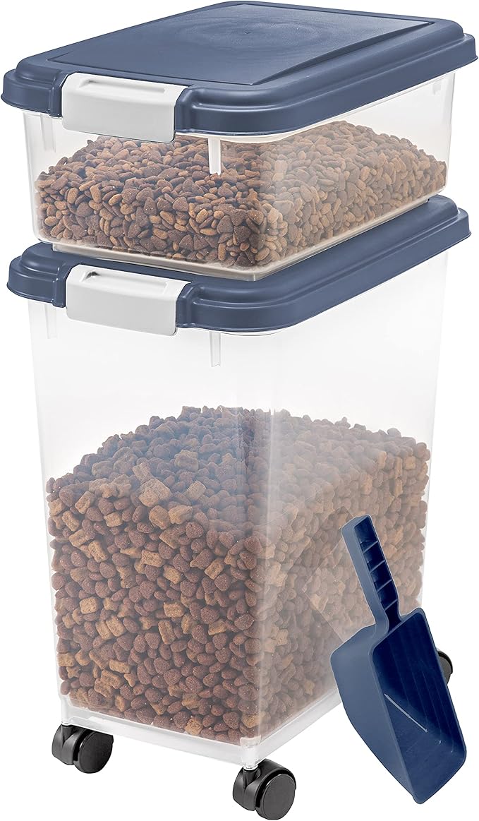 IRIS USA Dog Food Storage Container, 30 lbs & 11 lbs Combo, Cat Food Storage Container, Dog Treat Container, Airtight, Stackable, 2-Cup Scoop, Wheels, Easy Mobility, Navy