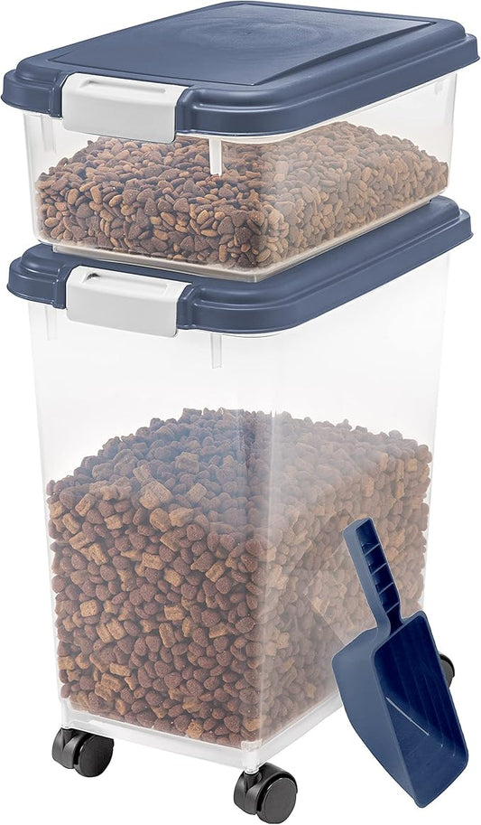 IRIS USA Dog Food Storage Container, 30 lbs & 11 lbs Combo, Cat Food Storage Container, Dog Treat Container, Airtight, Stackable, 2-Cup Scoop, Wheels, Easy Mobility, Navy