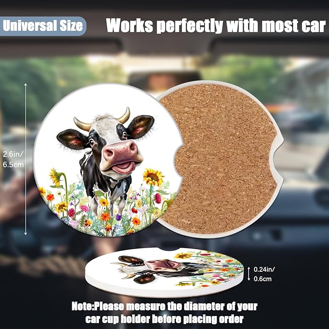 Car Cup Holder Coaster - Cow Flower Absorbent Ceramic Coaster, Car Coasters for Cup Holders, Auto Accessories for Women & Men, Pack of 2