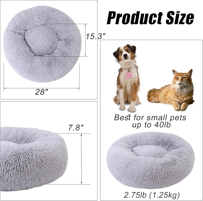 Calming Dog Bed, Dog Beds Fits up to 40 lbs Pets, Fluffy Donut Dog & Cat Bed Washable, Round Anti Anxiety Dog Bed, Small Dog Bed with Non-Slip Bottom (Light Grey, 28" x 28")