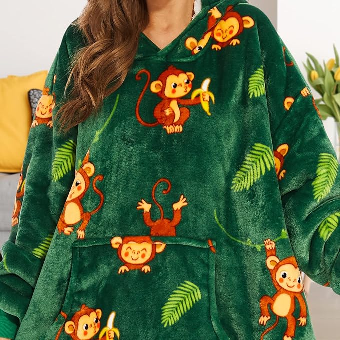 THREE POODLE Wearable Blanket Hoodie, Oversized Sherpa Sweatshirt Blanket for Adults Women Men, Warm Cozy Monkey Hooded Blanket, Gifts for Mom Girlfriend