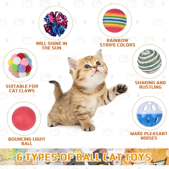 Shappy 150 Pcs Cat Toys Bulk Pack Cat Toy Gift for Christmas Include Mice Rainbow Balls Lattice Balls Sisal Balls Table Tennis Balls Plush Balls Springs Crinkle Balls Caged Bell Balls