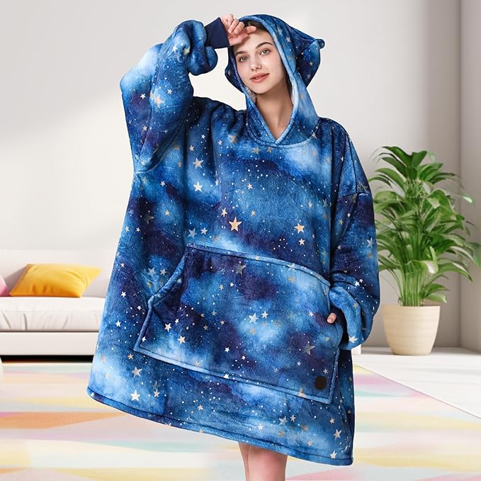 THREE POODLE Wearable Blanket Hoodie for Women, Oversized Sherpa Sweatshirt Blanket for Adults Men, Warm Cozy Star Hooded Blanket, Gifts for Mom Girlfriend Sister