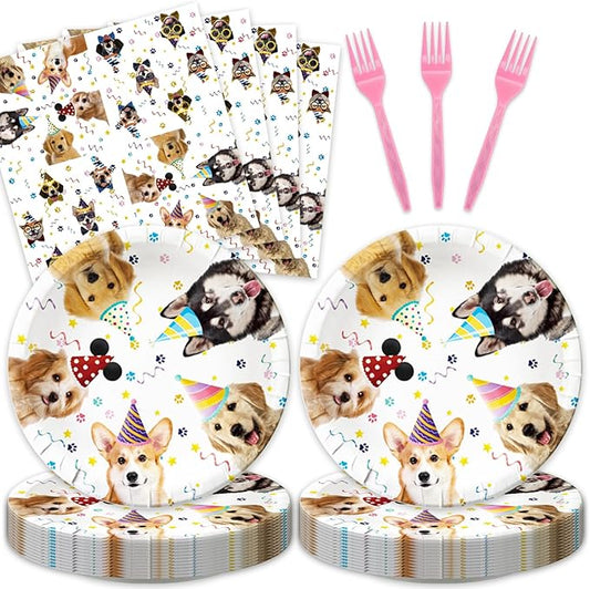 48Pcs Dog Pawty Birthday Party Decorations Dog Theme Party Decorations with Puppy Birthday Baby Shower Forks Plates and Napkins Supplies