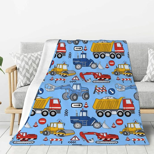 Kids Truck Car Blanket Throw 80"x60", Plush Flannel Tractor Excavators Blankets, Soft Warm Decorative for Kids Women Adults