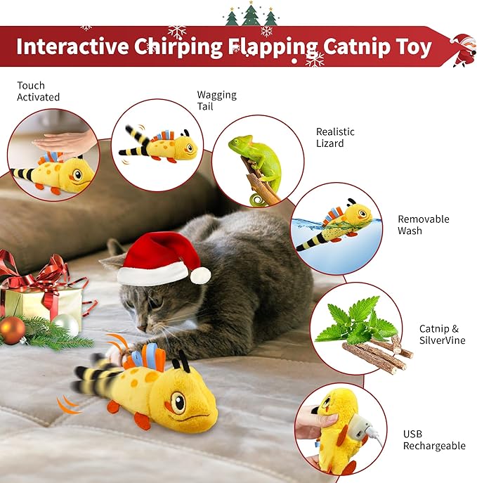 PETGEEK Gigwi Flapping Cat Toys for Indoor Cats, Rechargeable Lifelike Interactive Lizard Cat Toy Tweet, 2 Modes Wagging Tail Catnip Toy, Automatic Cat Toys for Kitten Cats Self Play, Touch Activated