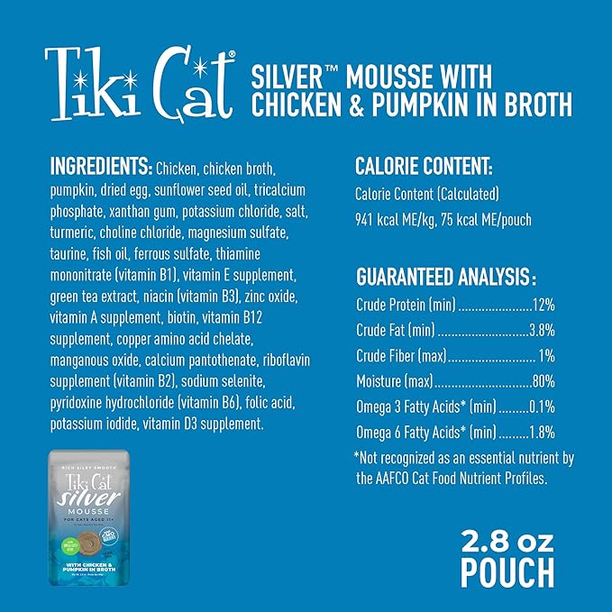 TIki Cat Silver Mousse, With Chicken & Pumpkin In Broth, Silky Smooth Nutrient Rich Formulated for Older Cats Aged 11+, 2.9 oz. Pouch (Pack of 12)